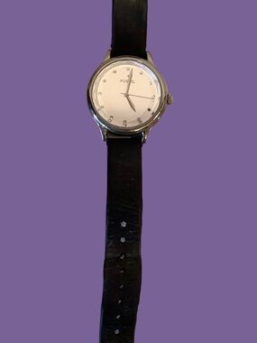 Womens Fossil Watch Swarovski Crystal Black Leather Watchband